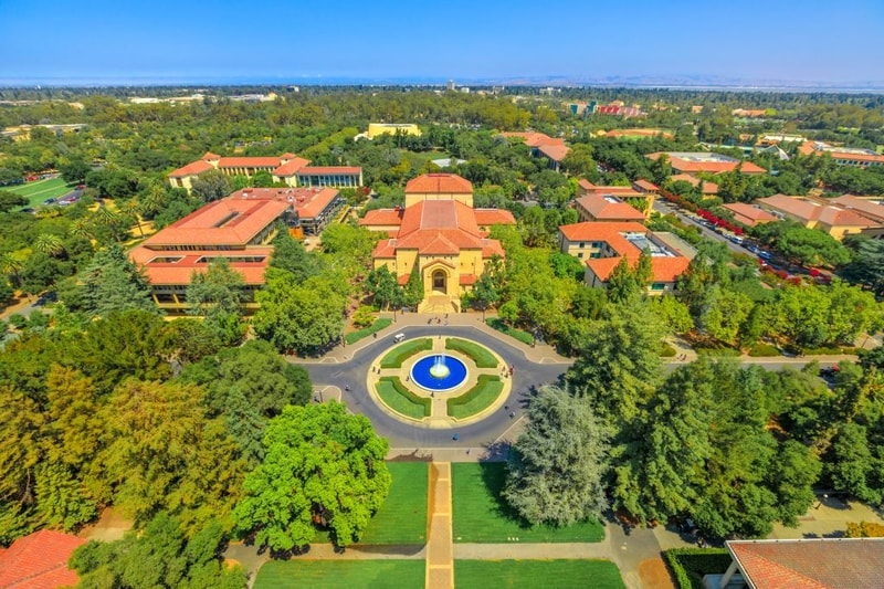 Palo Alto, California, United States - August 13, 2018: aerial view of the fountain and Memorial Auditorium of Stanford University Campus seen from Hoover Tower Observatory. Summer season.