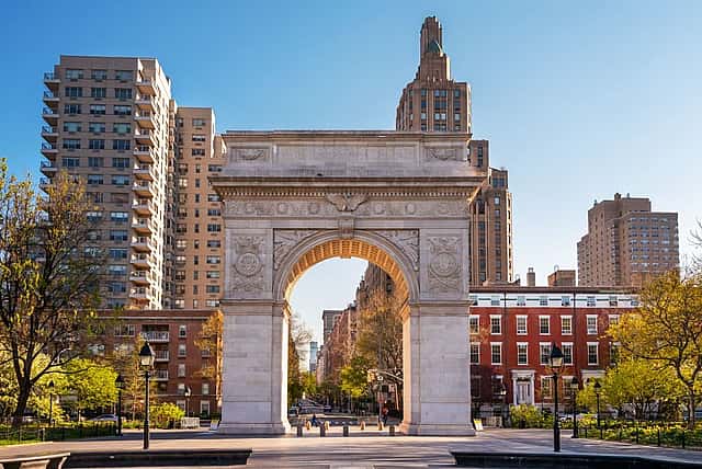 The Washington Square Park Marble triumphal arch, dedicated in 1895. The Landmark arch sits at the entrance to the park
