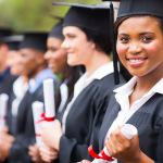 Happy students at high school graduation decide where to enroll for college