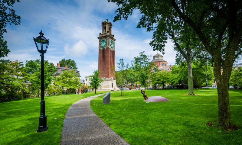 Walkway and the Carrie Tower, on the campus of Brown University, in Providence, Rhode Island.