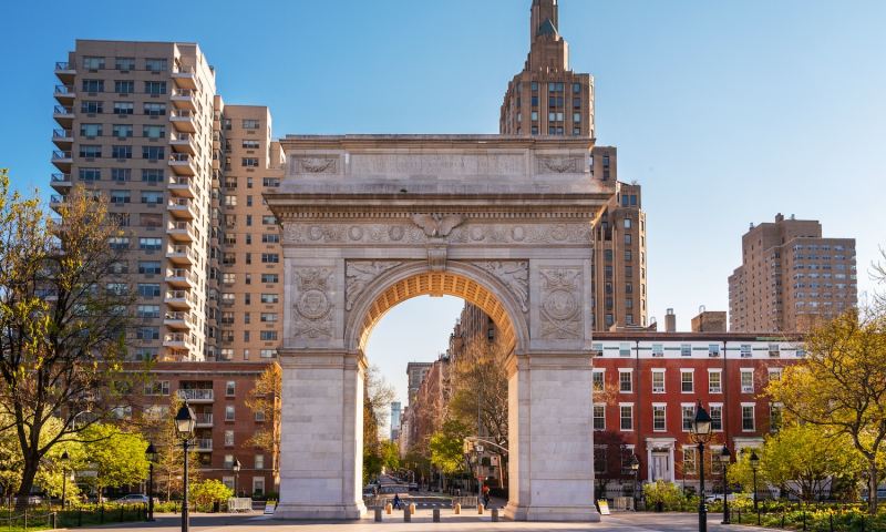 The Washington Square Park Marble triumphal arch, dedicated in 1895. The Landmark arch sits at the entrance to the park