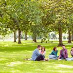 Group of young college students sitting on grass in the park