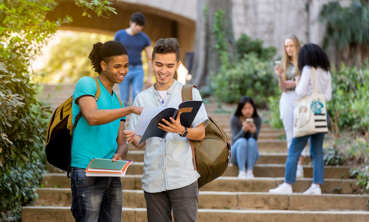 Two young male multiracial students looking at and pointing at a notebook on some stairs with other students behind them.